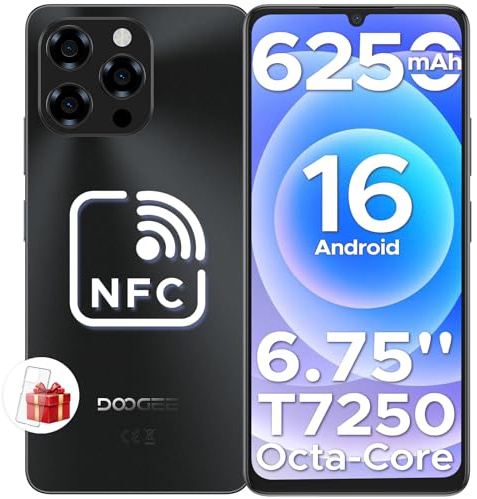 DOOGEE Note 58 Smartphone Android 16, 32(8+24) GB+128GB/2TB TF Cellulare, 6.75 HD+ 90Hz Schermo, 6250mAh, 16MP+8MP Telefono Cellulare, 4G Dual SIM/Octa Core/Widevine L1/ NFC/OTG/Face ID/GPS, Nero