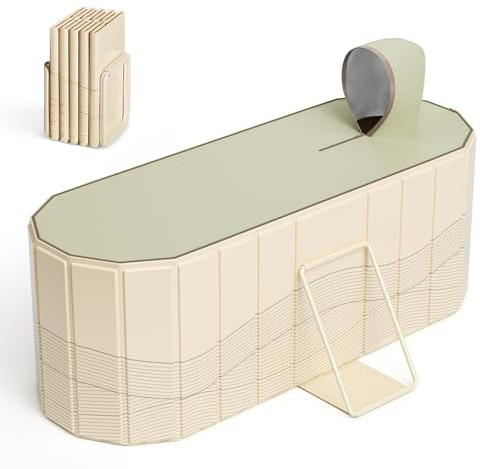 Bañera portátil para adultos 150 x 55 x 50 cm, bañera plegable para adultos con 2 agujeros de drenaje, bañera familiar para baño de hielo Equipada con 2 placas de soporte laterales con cubierta (Beige
