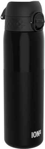 Ion8 Water Bottle, 500 ml/18 oz, Leak Proof, Easy to Open, Secure Lock, Dishwasher Safe, BPA Free, Hygienic Flip Cover, Carry Handle, Fits Cup Holders, Easy Clean, Carbon Neutral, Half Cut Black
