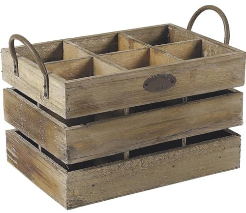 AUBRY GASPARD - Caisse de Rangement 6 Bouteilles - Anses Métal - Bois - Dimensions 32 x 22 x 25,8 cm - Cases 9.4 x 9.4 cm - Idéale pour Vin et Bière - Pratique et Élégante pour Cuisine et Cave