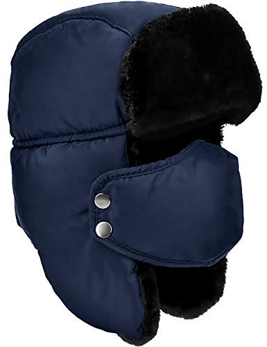 DOXHAUS Unisexe Hiver Chapka Ear Flap Trappeur Bomber Casquettes Bonnets Chapeaux Garder Chaud Patinage Ski Autres Activités en Plein Air, Bleu Marin, Fourrure Noire