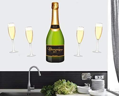 Champagne Bottle and Flute Glasses - Wall Art Vinyl Stickers - 80cm x 56cm - Easy Peel & Stick
