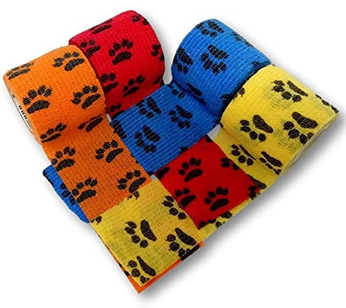 LisaCare Pfotenverband 5cm x 4,5m | 4er-Set mit Pfoten Motiv - BUNTER MIX | Kohäsive Bandage | Wundverband | Pflasterverband | elastisch, dehnbar, selbsthaftend, ohne Kleben