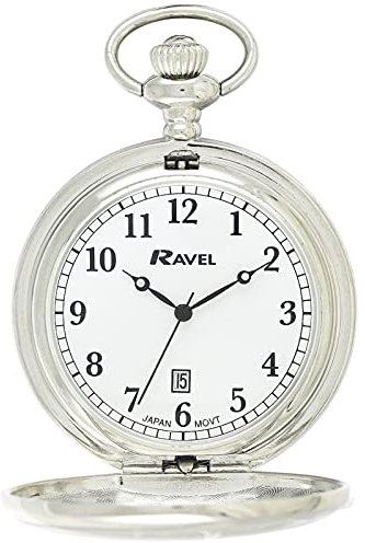 Ravel - Full-Hunter Calendar Pocket Watch - Silver Tone