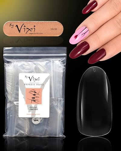 By Vixi 600 LONG OVAL NAIL SET with PREP FILE, 10 Sizes – Clear Express Full Cover False Fingernail Extensions for Salon Professionals & Home Use