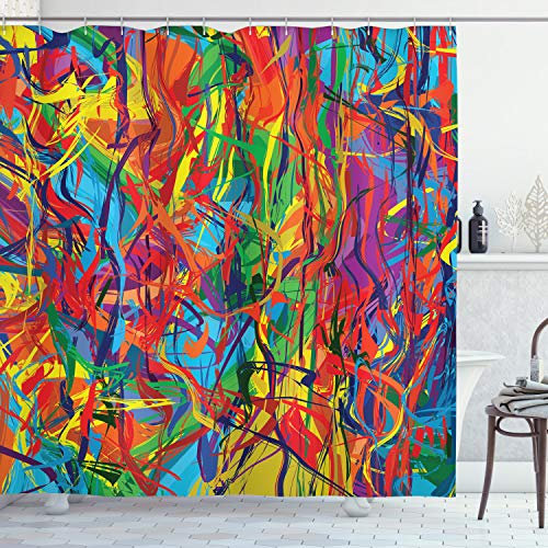ABAKUHAUS Modern Duschvorhang, Regenbogen-Muster Circled, Stoffliches Gewebe Badezimmerdekorationsset mit Haken, 175 x 180 cm, Orange Aqua