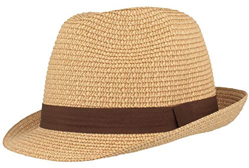 Breiter Chapeau de Paille Trilby Chapeau de Soleil d'été - avec Ruban Gros Grain - 100% Papier - Pliable Léger Souple Doux pour la Peau et Confortable - Beige -L