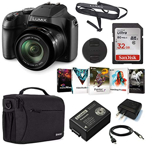 Panasonic LUMIX FZ80D 18.1MP Digital Camera | 4K Video, 60x Optical Zoom Point & Shoot | Bundle w/ 32GB SD Card, Shoulder Bag, Software Kit | Panasonic 1-Year Limited Warranty