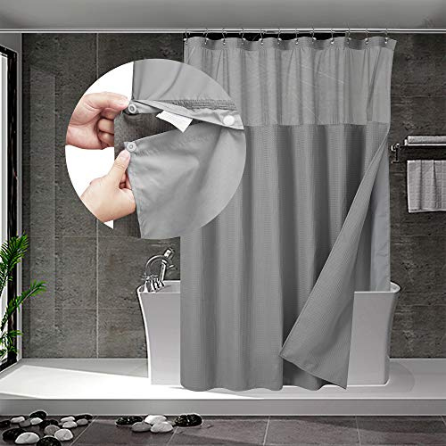 N&Y HOME Set aus Waffelgewebe-Duschvorhang lang mit einknöpfbarem Innenfutter und 12 Haken, Hotel-Stil, Netzfenster Oben, maschinenwaschbar und wasserabweisend, 180,3 x 198,1 cm, Grau