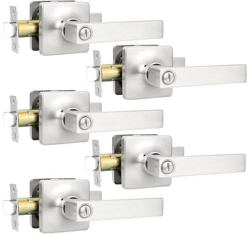 GOBEKOR 5 Pack Interior Brushed Nickel Bedroom Door Handles with Lock Privacy Door Levers Bathroom Lever, Square Rosette