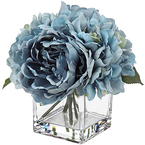 Kunstblume mit Vase Künstliche Blumen Hortensien Pfingstrose Blumengesteck Kunstpflanzen Deko im Glastopf mit Kunstwasser Hochzeitsdeko Fensterbank Tisch Badzimmer Herbst Dekoration