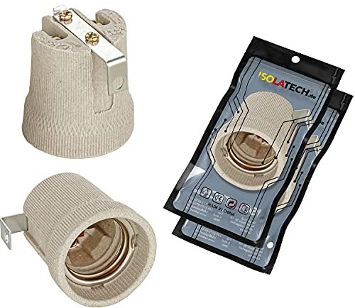 ISOLATECH 2Stk E27 grau Keramik Fassung mit Befestigungswinkel/Innenbügel (max.250V/4A) Leuchtmittel für Home Decke Installation Badezimmer Küche Kühlschrank Halterung Sockel einbauen hitzebeständig