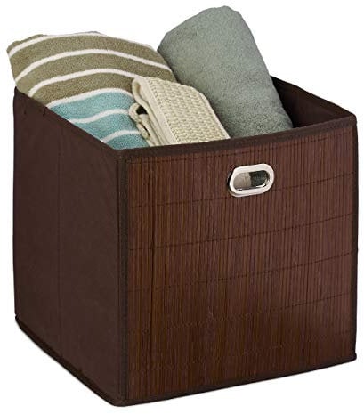 Relaxdays 10034147_93 Aufbewahrungskorb Bambus, Badkörbchen quadratisch, Stoff Regalkorb hoch, HBT: 31 x 31 x 31 cm, faltbar, braun