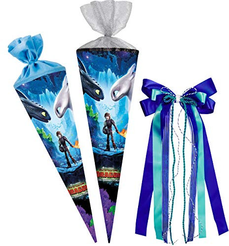 alles-meine.de GmbH Schultüte Größenwahl Dragons - Drachenzähmen leicht gemacht - 100 cm - 12 eckig - incl. große 3D Effekt Schleife - Tüllabschluß - Zuckertüte - mit/OHN..