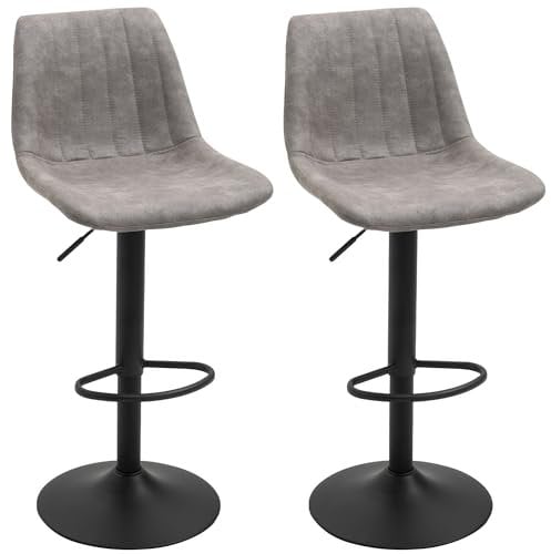 HOMCOM Modern Bar Stools Set of 2, Height Adjustable Swivel Bar Chairs with Backrest, Gas Lift and Footrest, Microfibre Barstools for Breakfast Counter, Kitchen Island, Grey