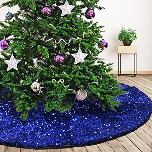 Deggodech Blau Pailletten Weihnachtsbaum Rock 90cm Navy Glitter Weihnachtsbaumrock Matte Weihnachtsbaumdecke Rund für Weihnachtsfeiertag Dekorationen (35 Inches)