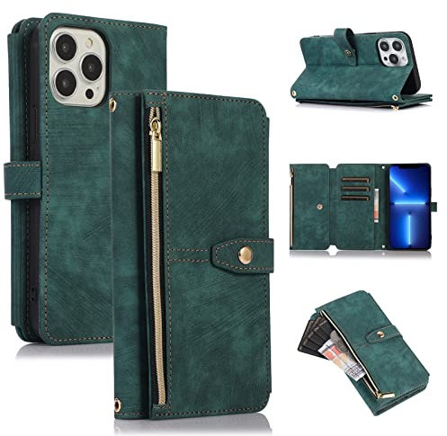 ZCDAYE Wallet Case for iPhone 13 Pro, Premium Leather Phone Case Women Ladies Holster with Card Slots Wrist Strap Zipper Flip Phone Cover for iPhone 13 Pro (6.1 inches), Green