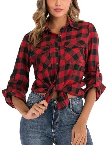 Yukiuiny Chemisier Carreaux 100% Coton Femme Chemise Bucheron Western T Shirt Casual Décontractée Classique Retro Ecossaise Flanelle Blouse Gilet Vintage Rouge XL