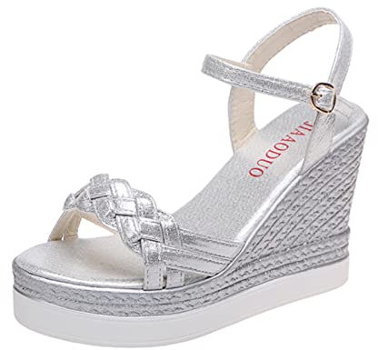 Ecoodisk Sandalias de cuña para mujer, zapatos de plataforma de verano, sandalias de mujer, hebilla de tacón para mujer, tejido de dedo del pie, informal, plata, 38