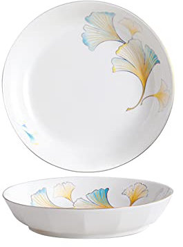 Sudemota Teller Speiseteller Speiseteller 20,3 cm, Gelb und Blau, Ginkgo-Blattmuster, Keramik, Salat/Pasta/Obst/Vorspeise/Dessertgeschirr, Weihnachtsteller, 2er-Set, weiße Speiseteller
