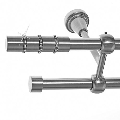 BASIT Gardinenstange Edelstahllook 16mm 2-läufig Decke 200cm lang D24 | Gardinenstangenset doppelläufig Deckenmontage Metall Vorhangstange Deckenhalterung 120-600cm wählbar Kappe mit Kristall E25