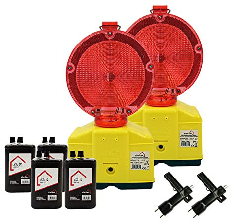 2 x siwitec LED Baustellenleuchte rot/transparent inkl. 4 x Blockbatterien Typ 4R25 6V 7Ah, LED Warnleuchte für Baustellen im Straßenbau mit Lampenschlüssel, Baustellenabsicherung