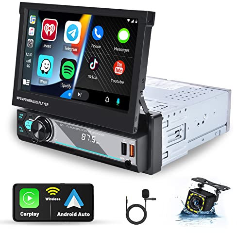 Hikity Radio Coche 1 DIN con Pantalla Táctil Retráctil Manual de 7'' Wireless Carplay Android Auto Radio Coche Bluetooth con Mirror Link FM Am Radio USB Tipo-C AUX SWC Cámara Visión Trasera