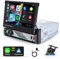 Hikity Radio Coche 1 DIN con Pantalla Táctil Retráctil Manual de 7'' Wireless Carplay Android Auto Radio Coche Bluetooth con Mirror Link FM Am Radio USB Tipo-C AUX SWC Cámara Visión Trasera