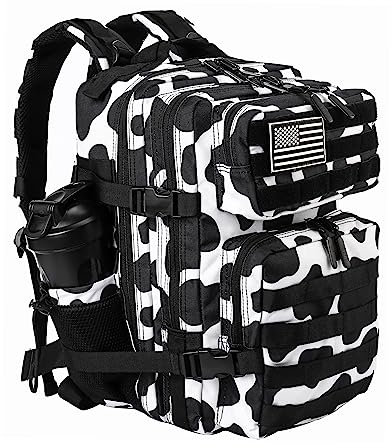 LHI Tactical Military Backpack for Men and Women 25L Army Assault Pack Bag Small Rucksack with Bottle Holder - Black White Cow