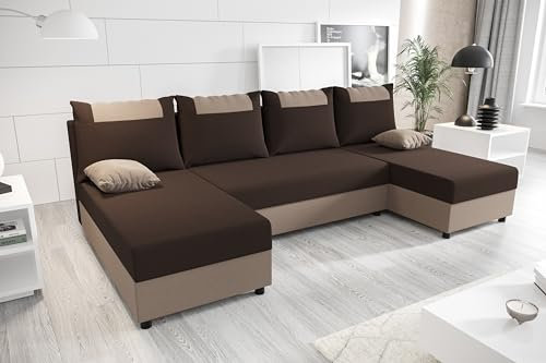 ALTDECOR Ecksofa in U-Form mit Schlaffunktion und Bettkasten Corner Sofa Bett Eckcouch Couch L-Form Schlafcouch Ausziehbar Wohnlandschaft Schlafsofa Cauchsofa - STARI-U - 271x140x90cm Braun/Beige