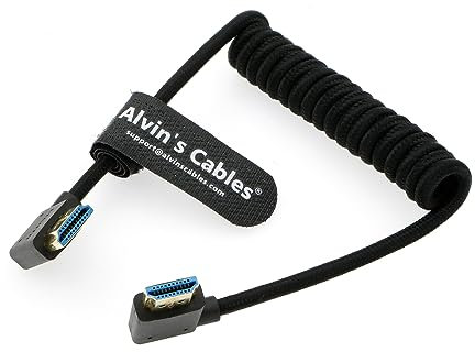 Alvin's Cables 8K 2.1 HDMI High Speed Braided Coiled Cable Left Angle to Right Angle for Atomos Ninja V, Portkeys BM5, for Feelworld Monitor, for Canon C300, Z CAM E2, Sony FS5| FS7| A7S3 Cameras