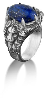 BySilverStone - 925 Sterling Silber Ovaler Lapislazuli Handgemachter Ring Für Herren, Einzigartiger Löwe Tier Lapisring, Sternzeichen Löwe Ring Mit Blauem Lapislazuli