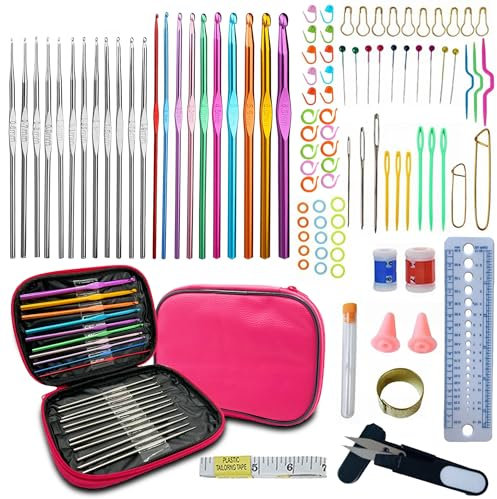 laeeyin 100-teiliges Häkelnadel set, Bunte Häkelnadeln set Soft Gummi Comfort Grip Häkeln Stricken Nadeln Kit Haushalt Werkzeug mit tragbaren Tasche (Rosa)