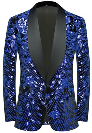 CARFFIV Männer Pailletten Samt Bühne Party Prom Hochzeit Abendessen Symmetrie Anzug Jacke Blazer,Royal Blue,L