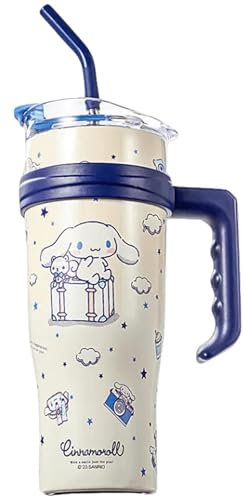 Many Rainbows Cinnamoroll - Vaso aislado de acero inoxidable con tapa, popote y asa, 1200 ml, tamaño XL, color blanco