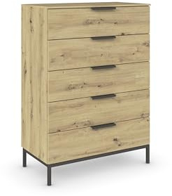 Rauch Möbel Flipp, Kommode, Farbe Eiche Artisan, Breite 80 cm | Sideboard, 5 Schubladen, Soft-Close, Griffe, Metallkufe Graphit für Schlafzimmer, Gästezimmer, Wohnzimmer