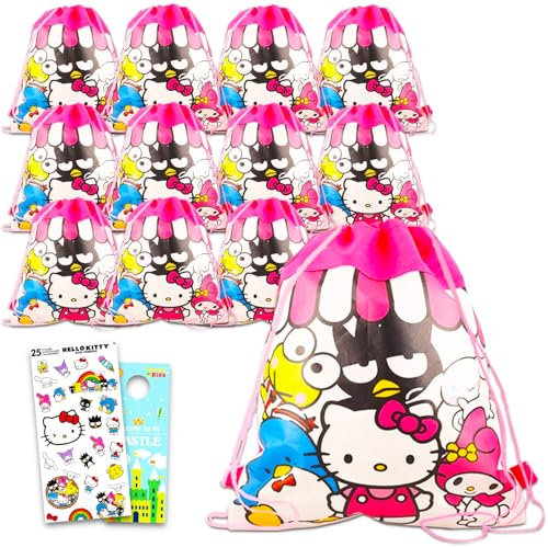 Hello Kitty Set di sacchetti per bomboniere – Bundle con 12 sacchetti Hello Kitty con coulisse per bambini e adesivi | Hello Kitty Compleanno Party Supplies