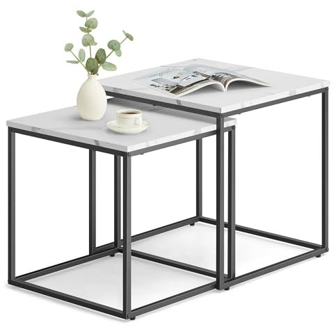 Home Collective Couchtisch 2er Set Quadratisch Beistelltisch Loft Design 2 in 1 Verschachtelung Kratzfeste Oberfläche, Wohnzimmer | 50cm und 45cm Breit Marmor Optik mit schwarzen Beinen