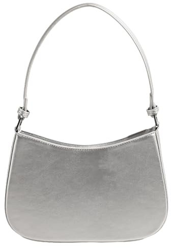 Quirkademy Kleine Umhängetasche Damen, Y2K Schultertasche Handbag aus PU Leder, Halbmond Handtasche Weiches Crossbody Bag Messenger Bag für Frauen Dating Party Einkaufe - Silber