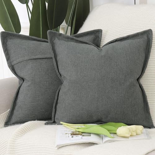 Madizz 2er Set Polyester Leinen Kissenbezügen mit breiter Kante Weiche dekorative Kissenbezüge für Sofa Schlafzimmer Kissenhülle Dunkelgrau 45x45 cm Quadrat