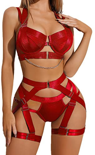 Avidlove Damen Unterwäsche Sexy Reizwäsche Curvy Neckholder Verstellbar Dessous Push Up Lingerie Elegant BH mit Bügel Und Slip Rot L