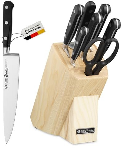 GROSSMAN Dayton Messerblock 7-teilig – Küchenmesser Set mit schwarzen Griffen – deutsche Edelstahlklingen – Messerhalter in hellem Elfenbein – rutschfest & elegant