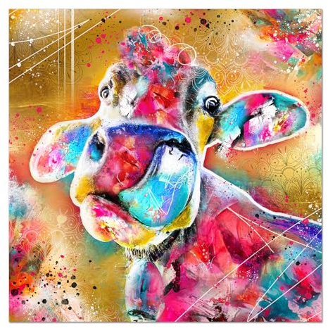 - Lustige Kuh Bilder auf Leinwand – Kunst Gemälde Bild abstrakt handgemalt 80x80 cm Pop Art Tierbilder bunt – Deko Wandbild für Badezimmer Wohnzimmer Toilette WC Küche