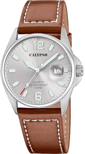 Calypso Analoge Herrenuhr K5870/2 Quarz - Wasserfest 5 ATM Hochpräzises Uhrwerk - Eleganter und Klassischer Stil - Braunes Lederarmband - Basic Herrenarmband