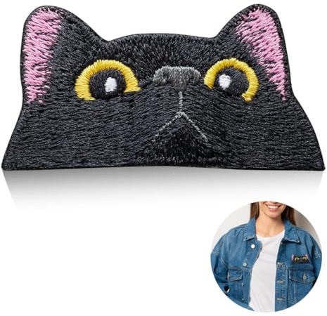mkemka 1pc Cat Face Black Embroidery Sew-on Patch 7.6x3.8cm (3x1.5inch) Animal Decor DIY Accessory for Clothing Jeans Jackets Backpacks