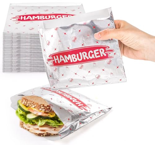Suwimut 150 Pack Burger Wrappers, Insulated Aluminum Foil Paper Hamburger Sleeves, Grease Proof Sandwich Bags Disposable Takeout Food Sleeves Bulk for Panini's, Hot Sandwich, BBQ, Pretzels