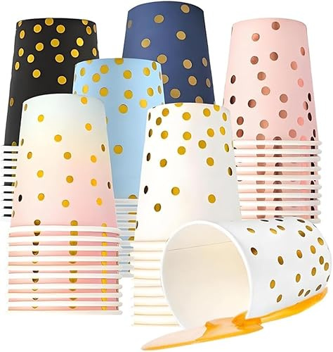 WZHHDM Black Gold Polka Dot Paper Cups, 60 Pcs Paper Cups Party 9 Ounces | Party Cups Can Be Reused Picnic Cups for Party DIY Holiday Barbecues and Wedding Birthday (Multicolored)