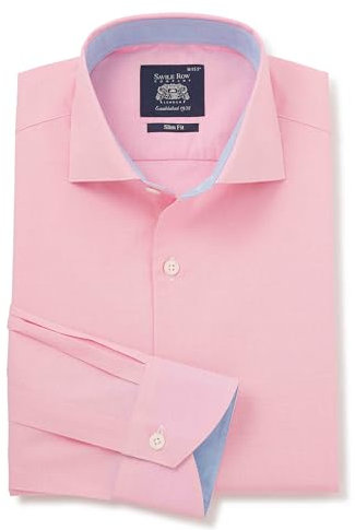 THE SAVILE ROW COMPANY LONDON Men's Slim Fit Cotton Poplin Long Sleeve Smart-Casual Shirt - Pink Micro Check - Large