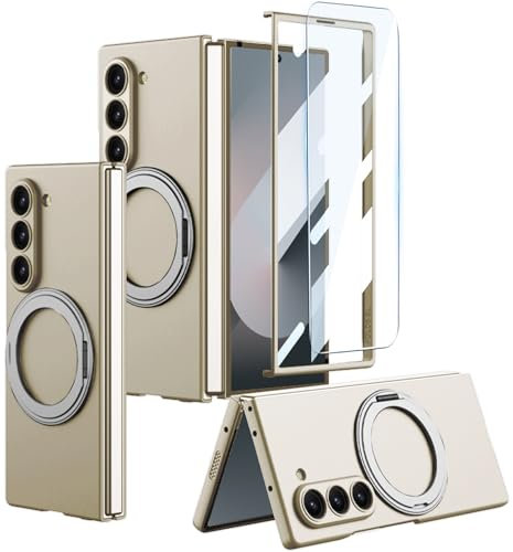 Hulveze Magnetische Hülle für Samsung Galaxy Z Fold 6 mit Unsichtbarem Ständerhalter und Displayschutzfolie[Kompatibel mit Kabellosem Laden] Schlanke Stoßfeste Case für Samsung Z Fold 6(Gold)