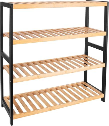 Vencier Bamboo Shoe Rack Natural – Easy Assembly & Strong Design Stand Shelf Organizer Ideal for Corridor, Bedroom, Bathroom, Hallway & Small Spaces, Large Capacity (Natural/Black, 4 Tier)
